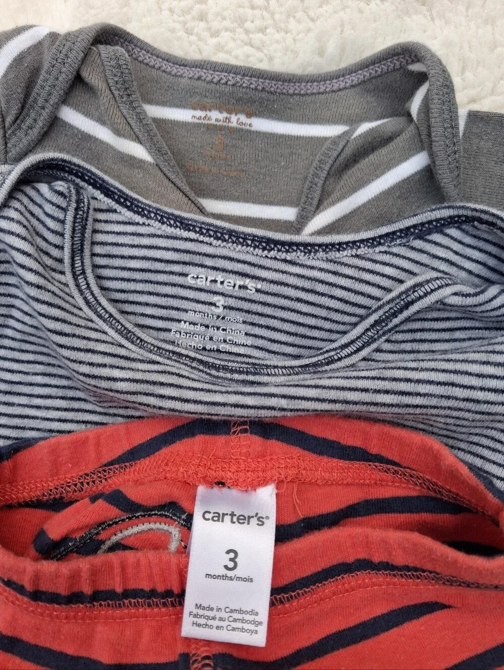 Baby Onesie and Pants Set - Green, Gray, Navy, Cream, Coral Stripes Size 3m
